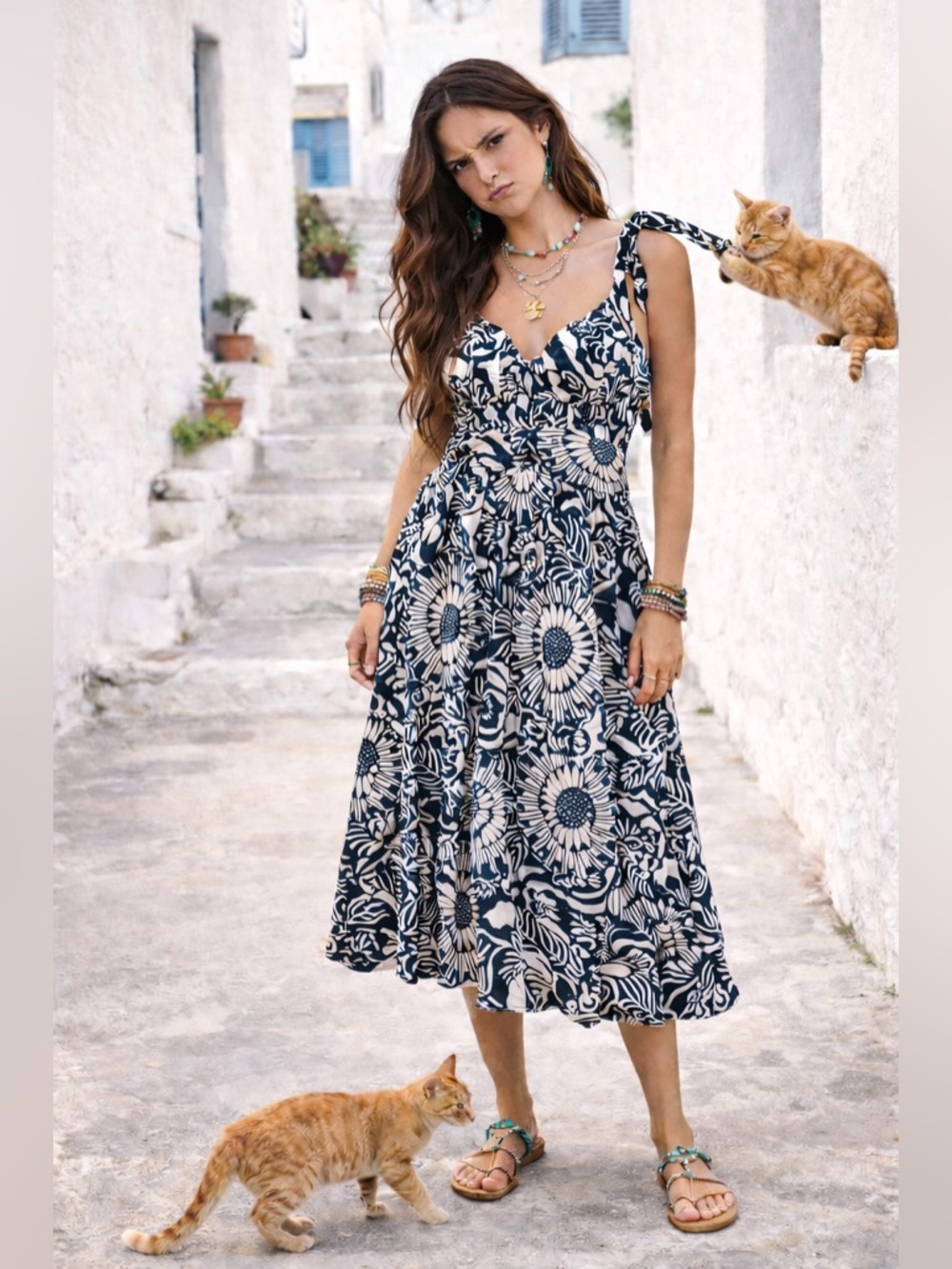 Forever That Girl Flounced Flora Navy Off White Floral Tie Strap Midi Dress SP